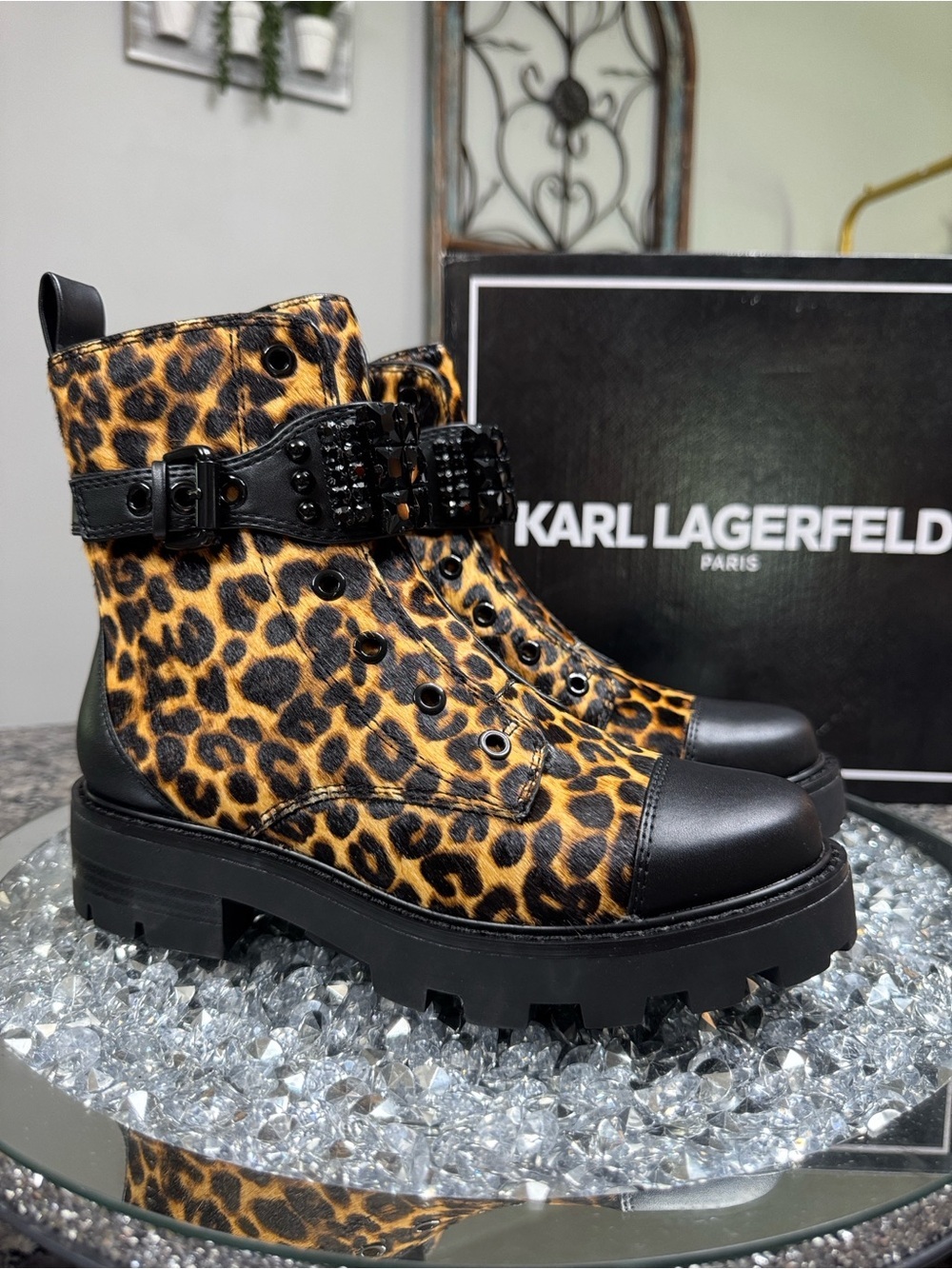 Karl Lagerfeld leather Leopard-Print Combat Boots with jeweled buckle NWT 6.5
